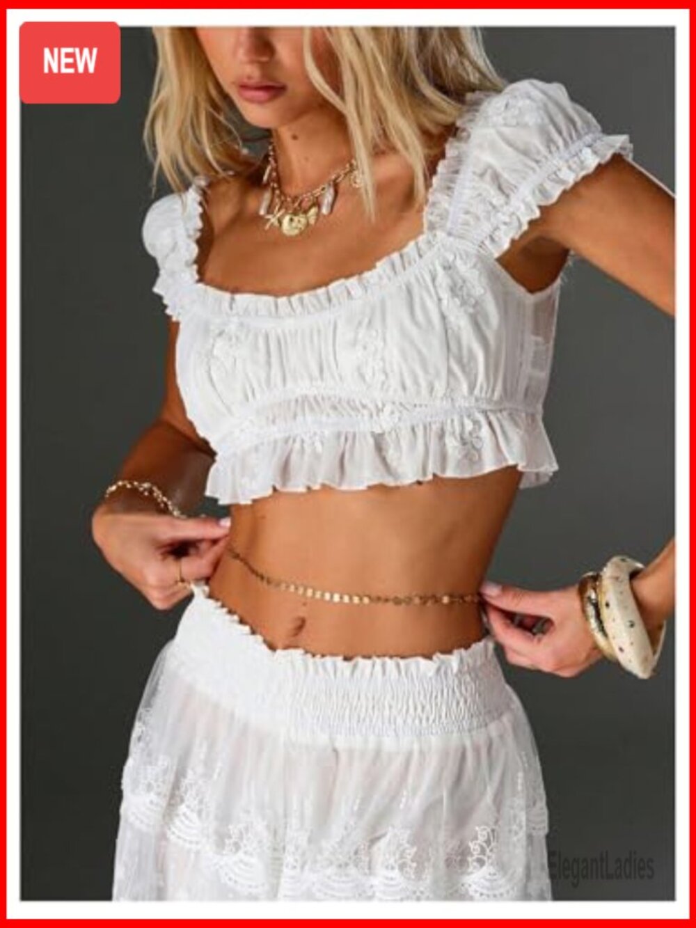 Embroidery Puff Sleeve Cropped Blouse Going Out Frill Trim Cute Top - Picture 4 of 5
